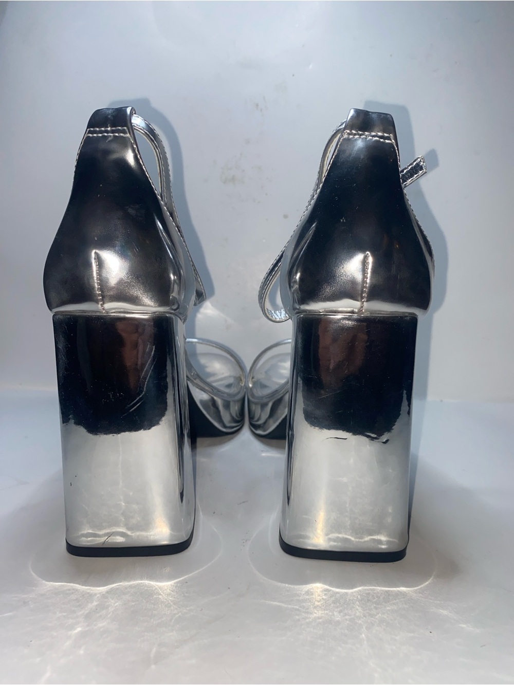 Steve Madden Reflective Silver Block Heel Sandals